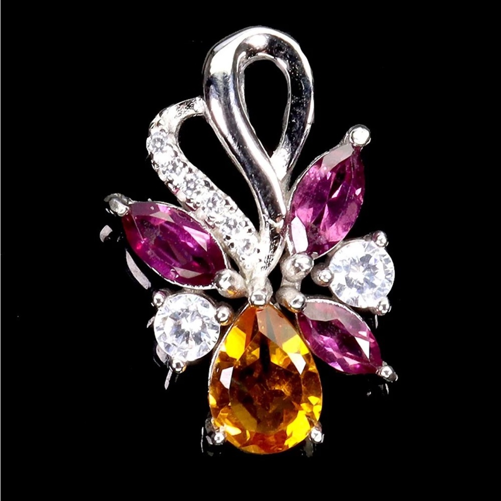 925 Silver Pear Citrine Rhodolite Gemstone Pendant